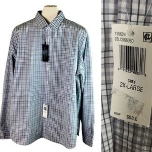 Bloomingdale's The Men's Store Grey Checked Button Up Shirt Cotton Stretch 2XL